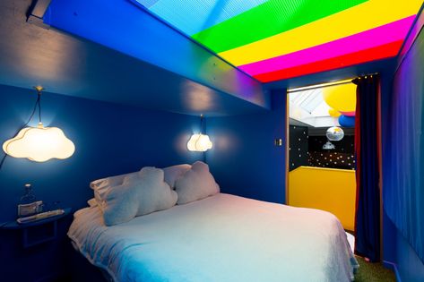 Colorful Places, Rainbow Room, Milk Shop, Air Bnb, Yellow Bathrooms, Two Bedroom Apartments, 2020 Design, Rainbow Design, Design Milk