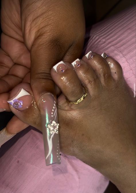 #french #pedicure #purple #white #pink #frenchnails #gelnails #nailpolish #nailart Purple Toe Nail Designs, Pedicure Purple, French Tip Pedicure, Purple Toe Nails, French Tip Toes, Sliver Nails, Prom 2k24, Purple Toes, French Pedicure