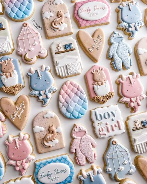 Dragon Baby Shower Cookies, Dragon Gender Reveal, Dragon Cookies Decorated, Gender Reveal Cookies Decorated, Gender Reveal Theme, Baby Shower Sugar Cookies, Baby Boy Cookies, Dragon Baby Shower, Special Cookies