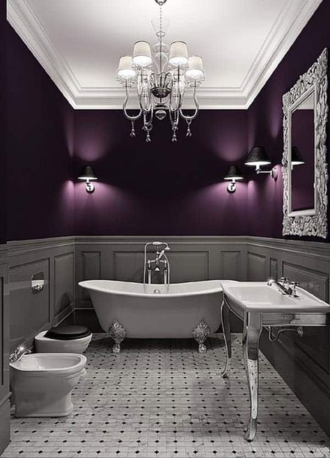 44 Absolutely stunning dark and moody bathrooms Dark Purple Walls, Gothic Bathroom, Purple Bathroom, Gray Floor, Purple Bathrooms, White Bathroom Tiles, Gothic Ideas, Purple Interior, Purple Walls