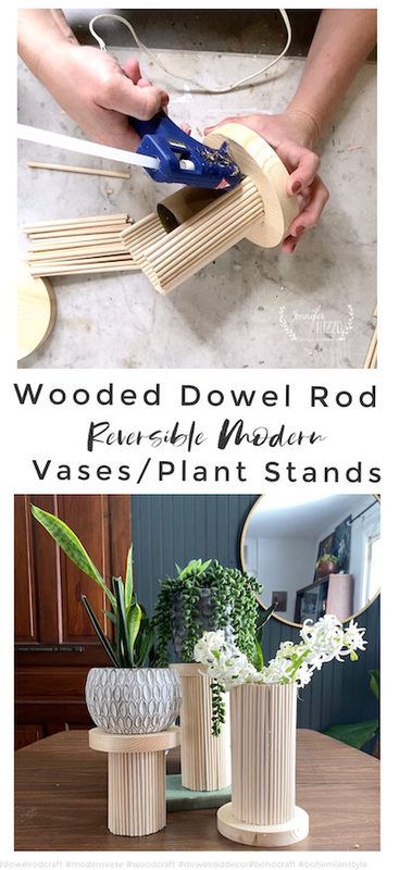 Dowel Plant Stand, Crafts With Dowels, Dowel Rod Crafts Decor, Diy Wooden Dowel Projects, Wood Dowel Crafts, Diy Wood Vase, Dowel Rod Furniture, Diy Dowel Projects, Wooden Dowel Projects