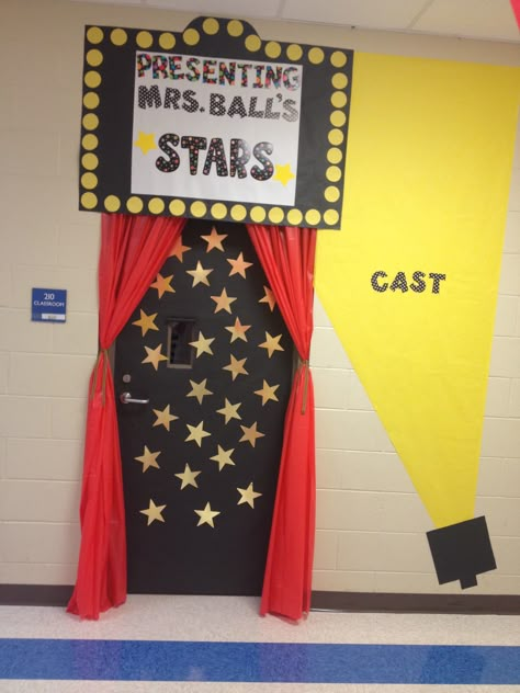 Hollywood classroom door Primary Spotlight, Kindergarten Door, Hollywood Classroom, Hollywood Theme Classroom, 2023 Classroom, Theatre Classroom, Stars Classroom, Classroom Doors, Red Ribbon Week