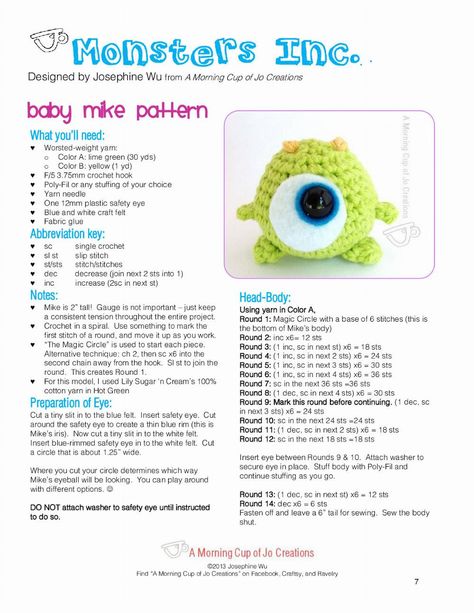 Crochet Mike Wazowski Free Pattern, Mike Wazowski Crochet, Monsters Inc Crochet, Bubble Crochet, Disney Crochet, Knitting Doll, Disney Crochet Patterns, Crochet Graphs, Keychain Pattern