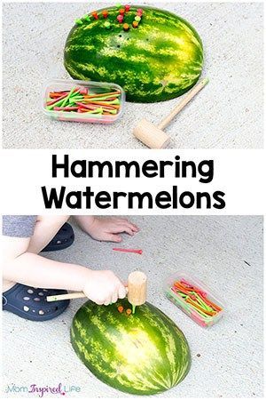 My son had a blast hammering tees into watermelons the other day! I think it's a perfect fine motor and gross motor activity for summer. Watermelon Activities, Watermelon Day, Gross Motor Activity, Fine Motor Activities For Kids, Food Activities, Nursery Activities, Preschool Fine Motor, Summer Preschool, Children's Activities