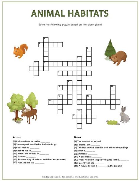 Animal Habitats Crossword Habitats Activities For Kids, Weather Crossword, Learning About Animals, Habitat Activities, School Break, Printable Puzzles, Educational Activities For Kids, Animal Habitats, About Animals