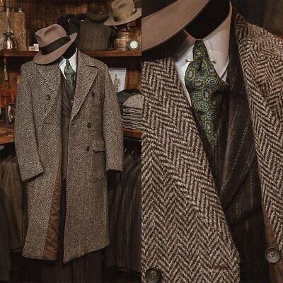 Great Shopping Herringbone Wool Blend Coat Men Long Overcoat Double Breasted Winter Business, Mens Clothing Wool Suits Men, Mens Blazer Outfit Formal, English Gentleman Style Vintage, Mens Suit Style, Tweed Men, Gentleman Outfit, Overcoat Men, Classic Menswear, Long Overcoat