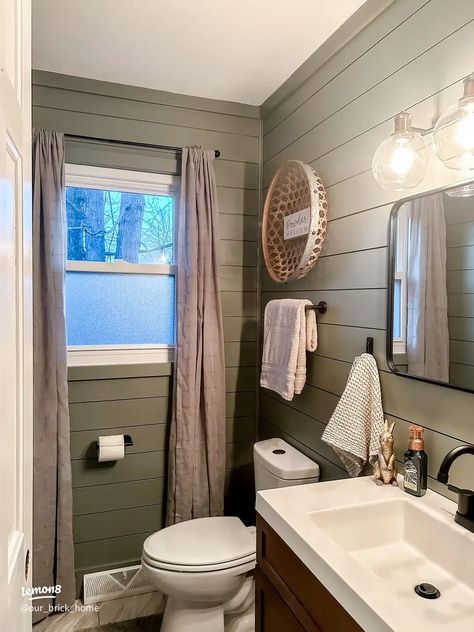 Moody Green shiplap bathroom | Gallery posted by Erin Mattingly | Lemon8 Mossy Green Bathroom, Board And Batten Bathroom Green, Green Shiplap Bathroom, Painted Shiplap Bathroom, Waynes Coating Bathroom, Bathrooms With Shiplap, Green Gray Bathroom, Green Farmhouse Bathroom, Shiplap House