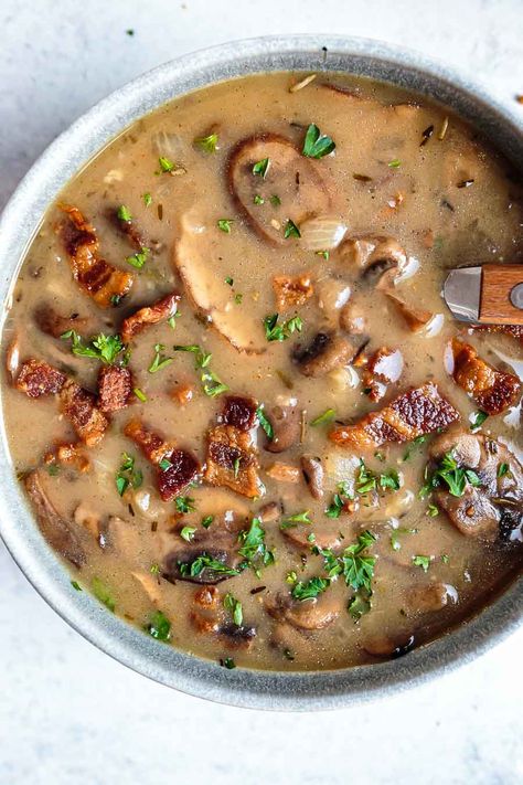 This Creamy Mushroom Soup with Bacon is dairy-free, made with simple ingredients, and comes together in 30 minutes. Paleo Mushroom Soup, Paleo Soup Recipe, Soup Paleo, Sausage Potato Soup, Boiling Sweet Potatoes, Autoimmune Recipes, Dairy Free Soup, Creamy Mushroom Soup, Paleo Soup