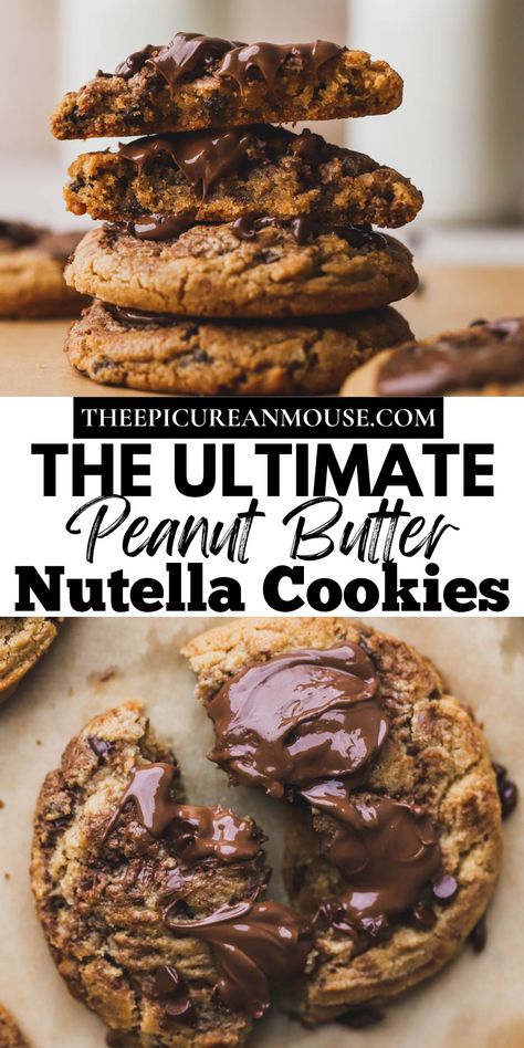 These peanut butter Nutella cookies are soft and chewy with swirls of chocolate hazelnut spread. Studded with mini chocolate chips and dollops of melted Nutella on top, these cookies are irresistible. Peanut Butter And Chocolate Cookies, Nutella And Peanut Butter Recipes, Nutella Peanutbutter Cookies, Peanut Butter Filled Chocolate Cookies, Peanut Butter Nutella Cookies, Browned Butter Nutella Stuffed Cookies, Nutella Filled Cookies, Nutella Peanut Butter, Mini Nutella