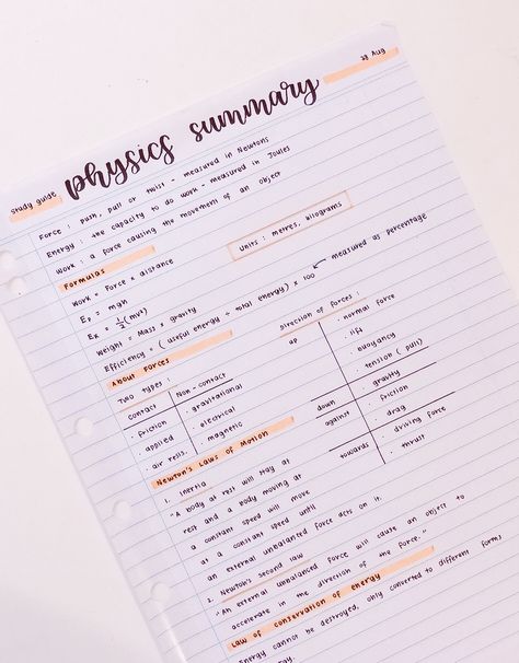 A summary of my notes for my physics test next week! #studyblr #studygram Science Notes Aesthetic Physics, How To Make Summary Notes, School Notes Physics, Summary Notes Ideas, Biology Summary Notes, Aesthetic Summary Notes, Summaries Ideas, Notes Aesthetic Physics, Study Notes Physics