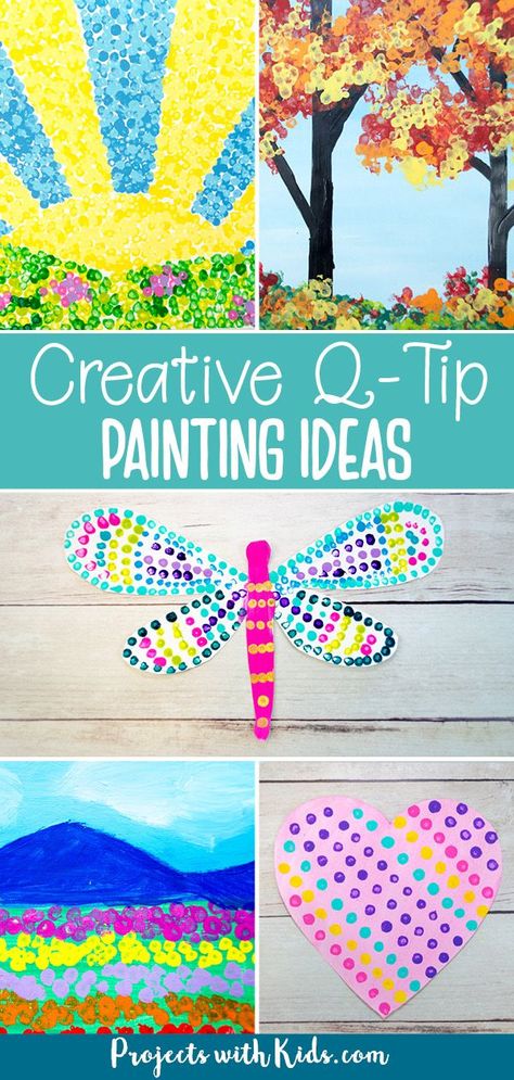 Q Tip Art Dot Painting, A Tip Painting, Dot Paint Preschool Activities, Q Tips Painting, Paint With Q Tips, Easy Spring Paintings For Kids, Q Tip Painting Preschool, Crafts With Q Tips, Qtip Painting Ideas Preschool