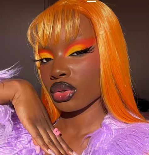 Orange makeup Orange Theme Makeup, Bright Orange Makeup, Orange Rave Makeup, Red And Orange Makeup, Orange Make Up, Orange Makeup Looks Black Women, Orange And Purple Makeup, Orange And Pink Makeup, Fire Inspired Makeup