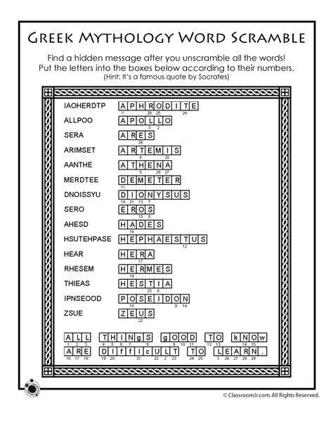 Greek Mythology Word Scramble Answer Key | Woo! Jr. Kids Activities Greek Mythology Activities, Greek Mythology Worksheets, Greek Mythology Lessons, Teacher Worksheets Lesson Plans, Gladiator Party, Homer Odyssey, Homeschool Social Studies, Greek Gods And Goddesses, Greek Alphabet