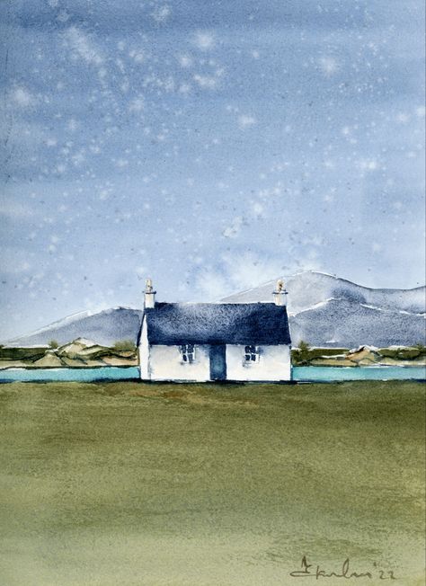 Scottish Landscape Painting Tiny House Lake Art Large Print Scotland Cottage Mountain Painting Print Watercolor Scotland Painting, Honeymoon In Scotland, House By The Lake, Scottish Landscape Painting, Scottish Cottages, Seaside Wall Art, Landscape Painting Watercolor, Aran Islands, Scotland Landscape