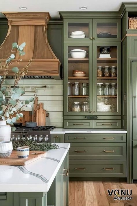 22 Green Kitchen Decor Ideas » Lady Decluttered Green Kitchen Cabinets Wood Island, White Oak Kitchen Cabinets With Green Island, Green Paint In Kitchen, Warm Green Kitchen, Green And Natural Wood Kitchen, Green And Beige Kitchen, Wood And Green Kitchen, Green Wood Kitchen, Green Kitchen Decor Ideas