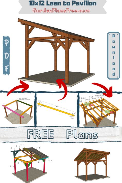 This tutoial shows you how to build a 10x12 lean to pavilion, with step by step diagrams and instructions. The pavilion is sturdy and it is easy to make. The plans come with detailed Cut list and Shopping list. PDF download, as well. #pavilion #diypavilion #woodworkingplans Bbq Shed, Simple Bookcase, Wooden Pavilion, Lean To Roof, Pavilion Plans, Diy Gazebo, Covered Patio Design, Gazebo Plans, Grill Gazebo