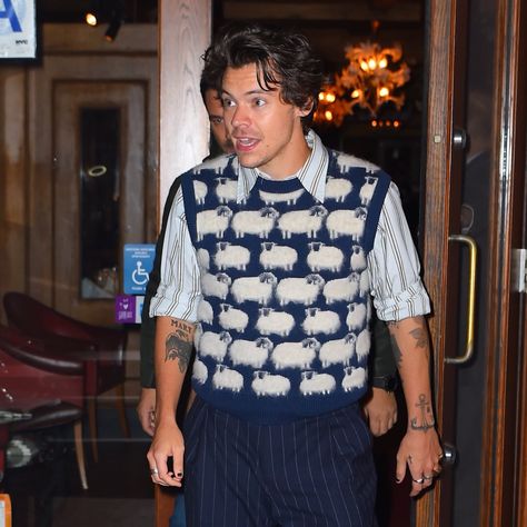 Harry Styles's Princess Diana-Inspired Sheep Sweater Vest Is Breaking the Internet Harry Styles Sweater Vest, Harry Styles Sweater, Harry Styles Clothes, Sheep Sweater, Harry Styles Outfit, Diana Fashion, Harry Styles Photos, Women's Casual Style, Summer Dress Outfits