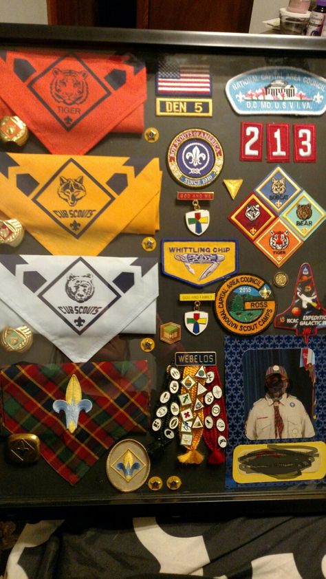 Cub Scout shadow box for arrow of light! Arrow Of Light Award Ideas, Arrow Of Light Shadow Box Ideas, Eagle Scout Shadow Box Display, Scout Display Ideas, Scout Neckerchief Display, Cub Scout Shadow Box Ideas, Eagle Scout Court Of Honor Ideas Display, Cub Scout Belt Loop Display, Scout Shadow Box Ideas