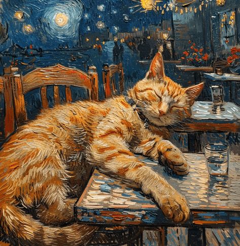 Orange Cat Painting, Cat Lounge, Starry Night Sky, Mini Drawings, Orange Cat, Eclectic Style, Cat Painting, Downloadable Art, Vincent Van Gogh