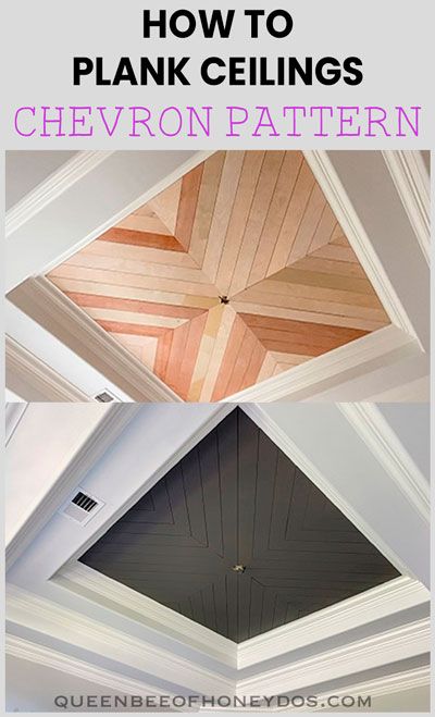 How To Install a Chevron Plank Ceiling - Part 3 of the One Room Challenge Makeover! See this dining room be converted into an updated, classy, office space! #renovations #office #ceiling #shiplap #planked Accent Ceiling Entry Way, Recessed Ceiling Living Room, Ceiling Inlay Ideas, Black Shiplap Ceiling Bedroom, Cool Ceiling Design, Trey Ceiling Ideas Bedroom, Hallway Ceiling Design, Wood Accent Ceiling, Chevron Ceiling