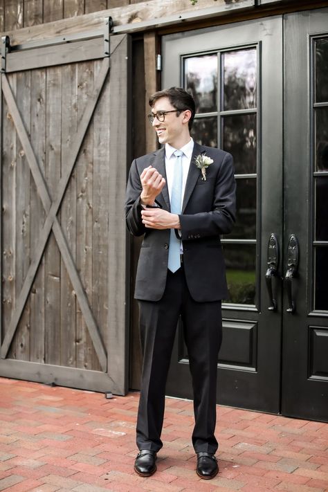 Black groom's suit with a periwinkle tie. #crosscreekranchfl Image by Lifelong Photography Studio #tampaweddings #groomssuit #floridawedding #weddingfashion Wedding With Dusty Blue, Dusty Blue Tie, Wedding Venues In Florida, Groom's Suit, All Inclusive Wedding, Wedding Cross, Florida Wedding Venues, Floral Cake, Groom Suit