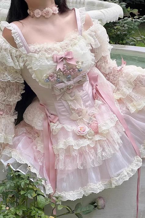 Pink Delicate Lace Flowers Love Song Bowknot Lace Sweet Lolita Dress – LolitaInside Suit Mixed With Dress, Majestic Outfits, Wonyoung Outfit, Forest Faerie, Frilly Dress, Flowers Love, Fairy Fashion, Lace Flower, Sweet Lolita