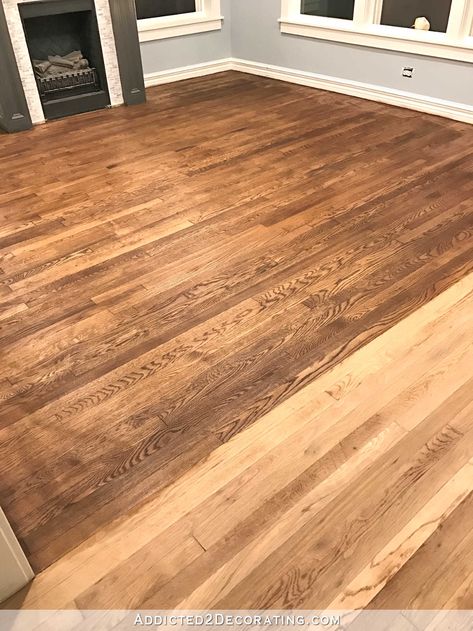 Minwax Special Walnut Stain On Red Oak, Special Walnut Stain On Red Oak, Provincial Stain On Red Oak, Unique Flooring Ideas, Staircase Redo, Hardwood Floor Stain Colors, Oak Floor Stains, Hardwood Floor Care, Floor Stain Colors