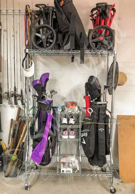 Golf Bag Storage Ideas, Golf Organization Garage, Golf Bag Storage Diy, Golf Storage Ideas, Golf Equipment Storage, Golf Bag Storage, Golf Cart Storage, Tote Organizer, Sports Storage