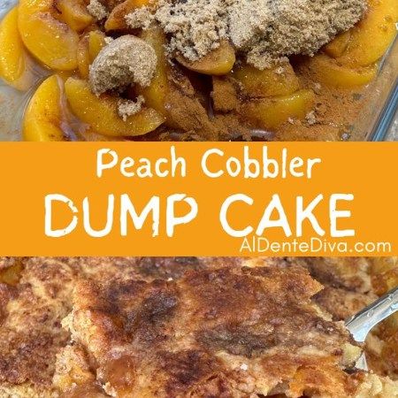 Peach Cobbler Dump Cake - Al Dente Diva Dump Cake Peach, Dump Cake Cobbler, Cobbler Dump Cake, 4 Ingredient Desserts, Peach Cobbler Dump Cake, French Vanilla Cake, Peach Dump Cake, Easy Peach Cobbler Recipe, Cobbler Easy