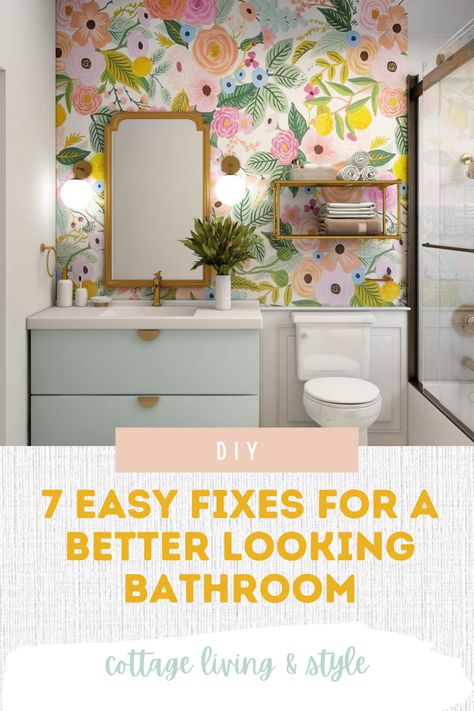 bathroom ideas, bathroom makeover ideas, better looking bathroom, easy fixes. Small Bathroom Ideas Cottagecore, 2000s Bathroom Update, Easy Bathroom Ideas, Cabin Entryway Ideas, Small Colorful Bathroom, 70s House Remodel, Tiny Cottage Interior, Cabin Style Decor, Small Cottage Interiors