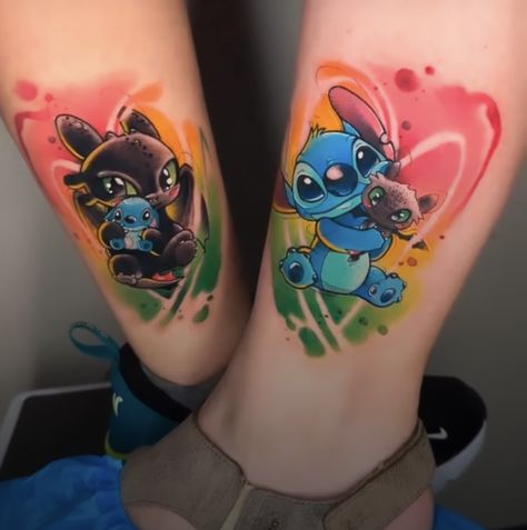 Child Tattoo, Disney Stitch Tattoo, Partner Tattoos, Pikachu Tattoo, Matching Friend Tattoos, Animal Sleeve Tattoo, Disney Sleeve, Cute Couple Tattoos, Healthy Bodies