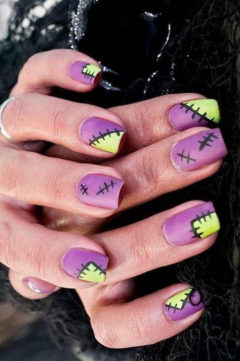 Halloween Stitches Nails, Purple Orange Halloween Nails, Green And Purple Nails Halloween, Orange Black Purple Green Halloween Nails, Purple And Orange Nails Halloween, Purple And Green Nails Halloween, Purple Black Halloween Nails, Easy Halloween Nail Art For Beginners, Purple Halloween Nails Short