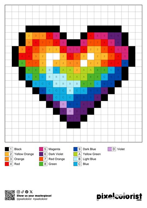 Rainbow Heart 🌈 color by number coloring page for adults, in pixel art style. Printable PDF to download 👇 20x20 Pixel Art, Pixel Art Rainbow, Rainbow Pixel Art, Pixel Color By Number, Heart Coloring Page, Color By Number For Adults, Number Printables, Crochet Graphgan, Nature Mandala