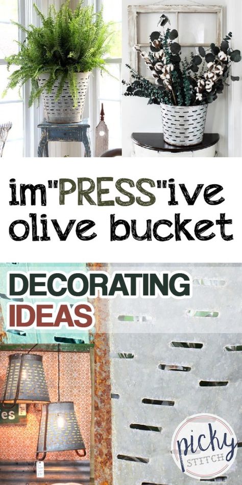 Olive Buckets Ideas Decor, Metal Buckets Ideas Decor, Bucket Decorating Ideas, Olive Bucket Decor, Bucket Decor Ideas, Galvanized Bucket Decor, Bucket Decor, Olive Bucket, Diy Projects For Bedroom