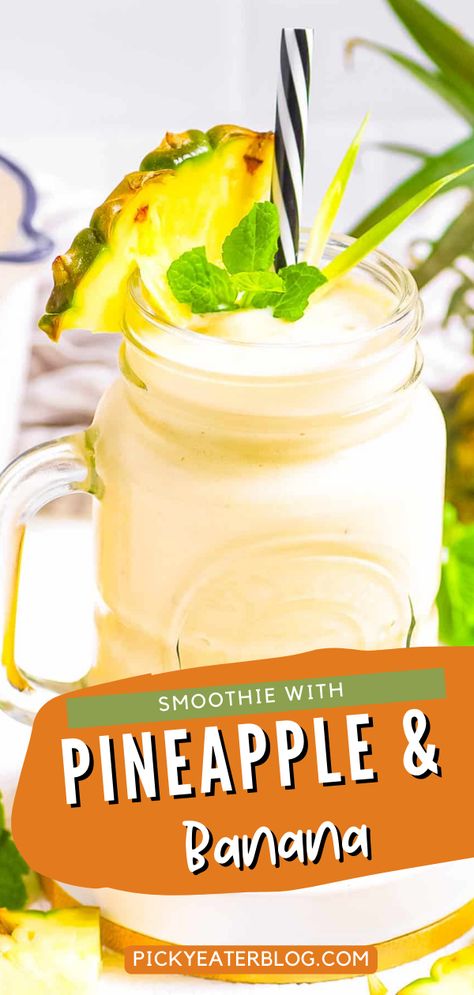 This refreshing pineapple and banana smoothie is a healthy and satisfying way to kick off your morning. Simple ingredients like juicy pineapple, banana, and coconut yogurt blend together to create a creamy smoothie that the whole family will love. It is vegan, gluten-free, and refined sugar free too! Pineapple And Banana Smoothie Recipes, Madeline Recipes, Smoothie With Pineapple, Pineapple Smoothie Healthy, Coconut Water Recipes, Pineapple Banana Smoothie, Pineapple Smoothie Recipes, Toddler Smoothies, Pineapple Drink