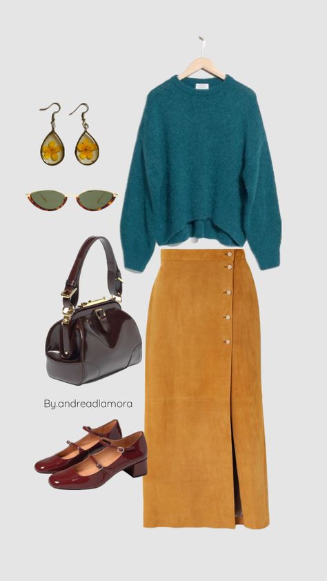 Outfit Inspiration, fashion board, autumn outfit, yellow midi skirt, turquoise sweater, mary Jane shoes, Sunglasses Turquoise Sweater Outfit, Yellow Midi Skirt, Outfit Yellow, Turquoise Sweater, Copenhagen Style, Fashion Project, Inspiration Fashion, Fashion Board, Jane Shoes