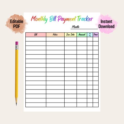 Monthly bill payment tracker (rainbow color) is printable PDF and instant digital download. It is perfect for help you stay organized and on top of all your expenses. It allows you to keep all your bills in one place, set reminders and track payments. Bill Payment Tracker, Monthly Bill Tracker, Journal Ideas Templates, Payment Tracker, Bill Planner, Bullet Journal Ideas Templates, Monthly Bill, Bill Tracker, Budget Planer