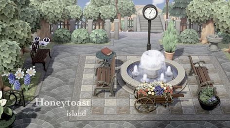 does anyone know what the creator id code for that tile design under the fountain? Acnh Fountain Design Code, Acnh Fountain Path, Animal Crossing Fountain Design, Animal Crossing Fountain, Acnh Fountain Ideas, Acnh Fountain Design Ideas, Acnh Fountain, Acnh Fountain Garden, Animal Crossing Fountain Ideas