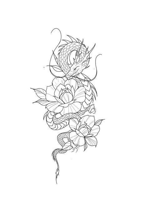 Dragon Back Tattoo With Flowers, Dragons And Flowers Tattoo, Flower With Dragon Tattoo, Dragon With Flowers Tattoo, Dragon Flower Tattoo, Dragon Tattoo With Flowers, Dragon Tattoo Outline, Dragon Thigh Tattoo, Dragon Tattoo Stencil