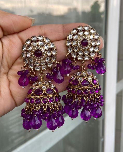 Purple Jhumka Earrings, Purple Jhumka, Dark Purple Earrings, Desi Jewellery, Indigo Jewelry, Heavy Jewellery, Black Dessert, Bridal Wardrobe, Bridal Jewellery Earrings