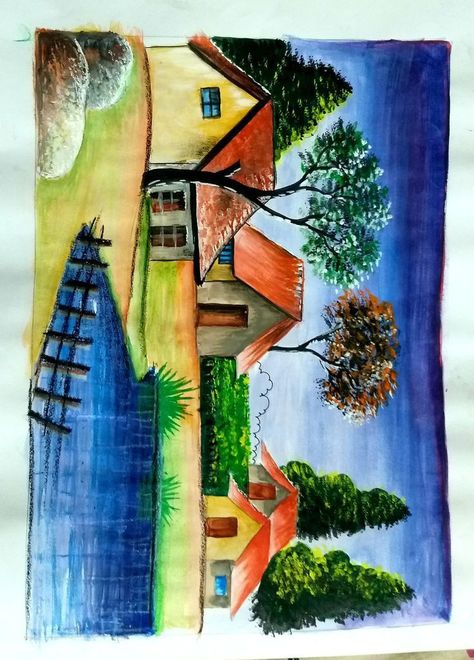 Easy Nature Drawings Colour, Scenery Painting Oil Pastel, Oil Pastels Scenery, Natural Scenery Drawing For Kids, Natural Scenery Drawing, Nature Scenery Drawing, Simple Landscape Drawing, Beautiful Scenery Drawing, Scenery Drawing For Kids