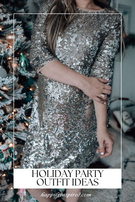 An image of a silver sequinned dress against a christmas tree Silver Sequin Dress Outfit, Dressy Cocktail Dress, Outfit Ideas For Moms, Holiday Party Outfit Ideas, Gold Satin Dress, Sequin Dress Outfit, Chicago Lifestyle, Holiday Party Outfits, Green Wrap Dress