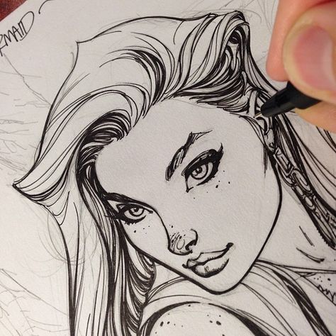 "Little Mermaid" - by J. Scott Campbell J Scott Campbell Art, Scott Campbell Art, Human Anatomy For Artists, J Scott Campbell, Comic Book Art Style, Scott Campbell, Face Sketch, Bd Comics, Female Face