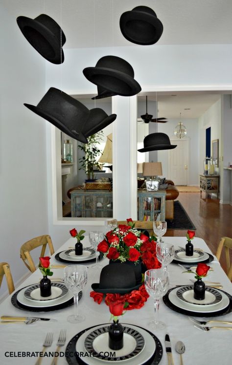 Derbys and Top Hats hang above a table celebrating the graduate with Hat's Off To You Fathers Day Centerpiece Ideas, Father’s Day Party Ideas, Father's Day Decorations Ideas, Sopranos Party, Masculine Party, Tea Hats, Mens Birthday Party, Men Birthday, Hollywood Party