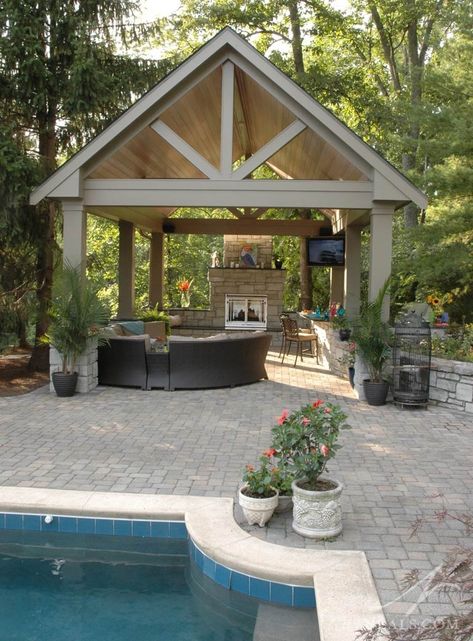 Poolside Pavilion, Neals Design, Outdoor Pavillion, Bar Tv, Pool Gazebo, Tv Fireplace, Backyard Getaway, Living Pool, Pool House Designs