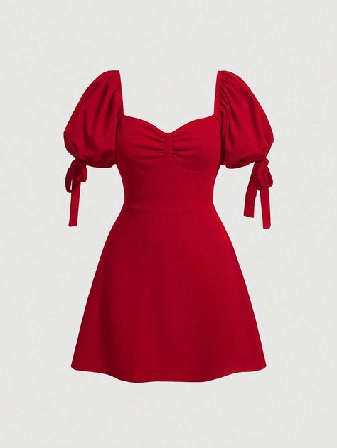 SHEIN MOD Solid Ruched Knot Cuff Puff Sleeve Dress | SHEIN USA Red Simple Dress, Short Winter Dress, Hogwarts Fits, Plain Red Dress, Red Dance Dress, Lovecore Aesthetic Outfit, Vestido Coquette, Elegant Christmas Dress, Conformation Dresses