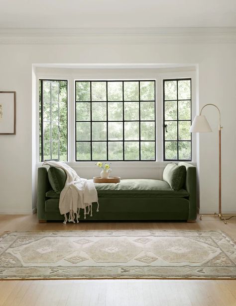 Search Results Chaise By Window, Window Seat With Low Windows, Green Chaise Lounge Living Rooms, Chaise Lounge Sitting Area, Couch In Window Nook, Chaise Lounge Under Window, Narrow Sitting Area, Velvet Chaise Couch, Transitional Chaise Lounge