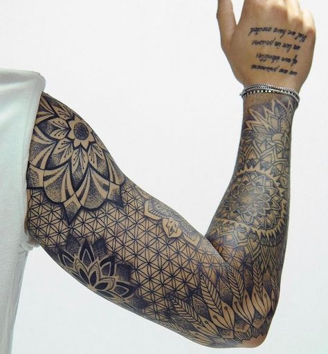 Geo Sleeve Tattoo, Mens Geometric Tattoo Sleeve, Geometric Quarter Sleeve Tattoo, Men Tattoo Geometric, Geometric Tattoo Arm Sleeve, Mandala Art Tattoo Men, Mandala Sleeve Tattoo Men, Geometric Arm Tattoo Men, Geometric Tattoo Designs Men Forearm