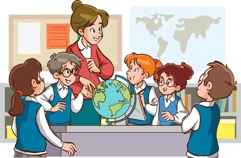 teacher and students are studying in the classroom cartoon vector Teacher Teaching Students Cartoon, Teachers Teaching In Classroom, Animated Teacher, Teachers Illustration, Teacher Cartoon, English Learning Books, Children Sketch, School Cartoon, Teacher Clipart