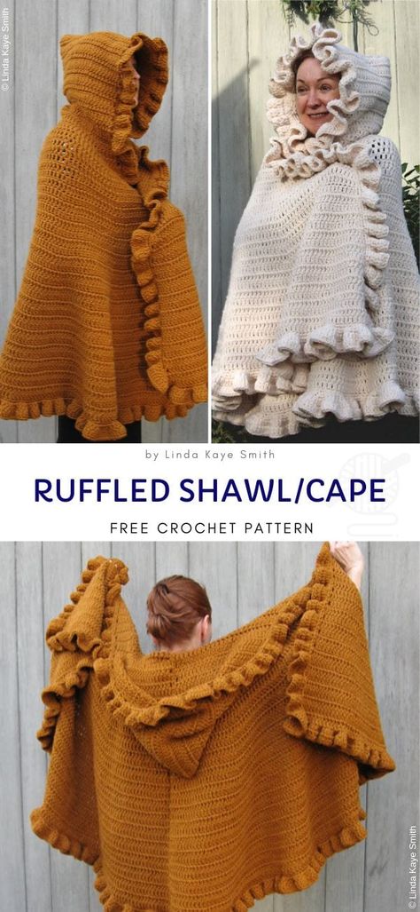 Fantastic Hooded Crochet Shawls - Pattern Center Crochet Hooded Shawl, Cape Pattern Free, Ruffled Shawl, Free Crochet Shawl Patterns, Shawl Ideas, Crochet Cape Pattern, Crochet Shawl Patterns, Cloak Pattern, Hooded Shawl